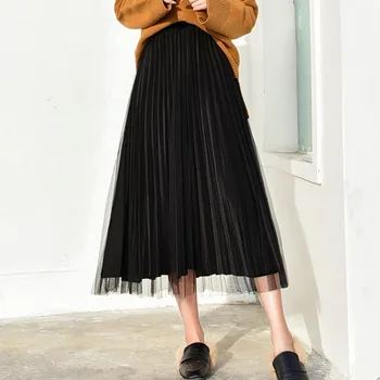 

Zoki Vintage Women Velvet Long Skirt Mesh Spring Summer A Line Korean Elastic High Waist Ladies Black Tulle Pleated Midi Skirt