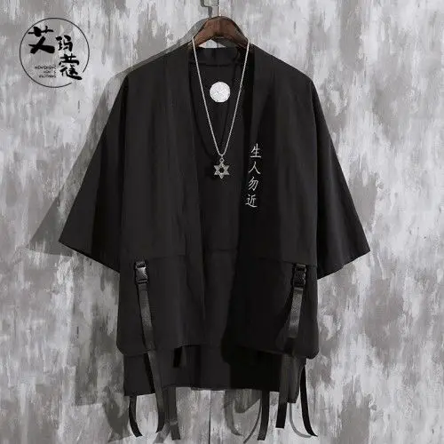 Summer Men's Haori Cardigan Kimono Shirt Samurai Japanese Clothing Robes Loose Obi Male Yukata Jacket Streetwear Asian Clothes Black