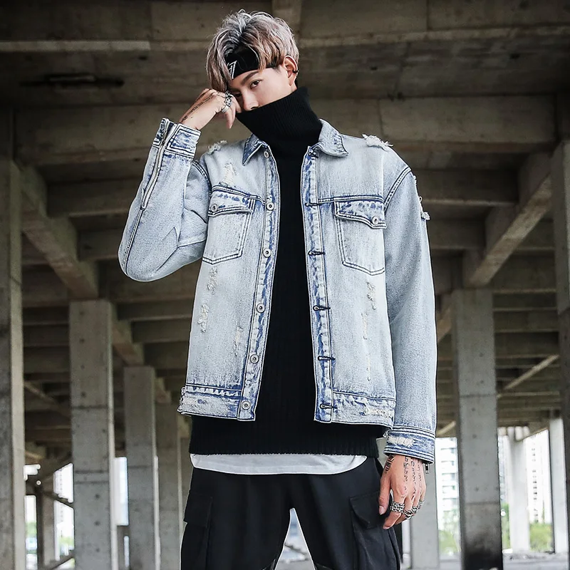 

2020 new spring large size ripped denim jacket loose denim jacket
