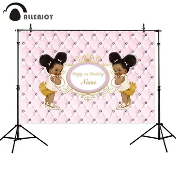 

Allenjoy Girl Event Banners Printed Velvet Pink Tufted Golden Glitter Grown Photocall Wallpaper Happy 1st Birthday Party Curtain