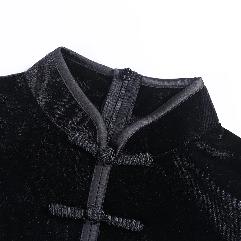 InstaHot/черная бархатная футболка с воротником-стойкой для женщин, китайский элемент, тьма, Осенние тонкие топы, повседневные шикарные пуговицы, футболки