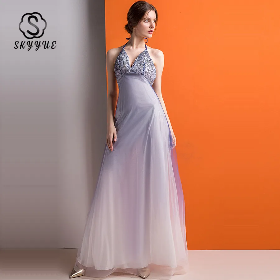 

Skyyue Sexy Halter Backless Zipper Evening Dresses Formal Gown New Floor Length Crystal Robe De Soiree Evening Dress 2019 H132