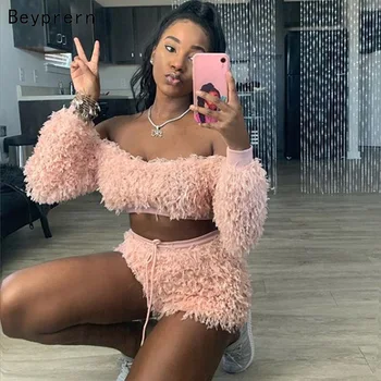 

Beyprern Chic Fur Tracksuit Set Cute Pink Fuzzy Suits Women Sexy Off Shoulder Furry Crop Top And Shorts Set Birthday Outfits