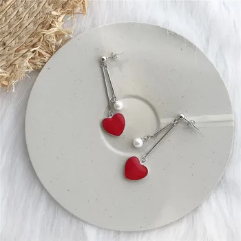 

RUIYI S925 Sterling Silver Korean Style Girls Stylish Tassel Red Heart Charm Earrings Women Sweet Romantic Pear Dangle Earrings