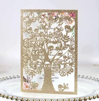 

Glitter Paper Hollow Tree With Bird Invitation Card Greeting Cards