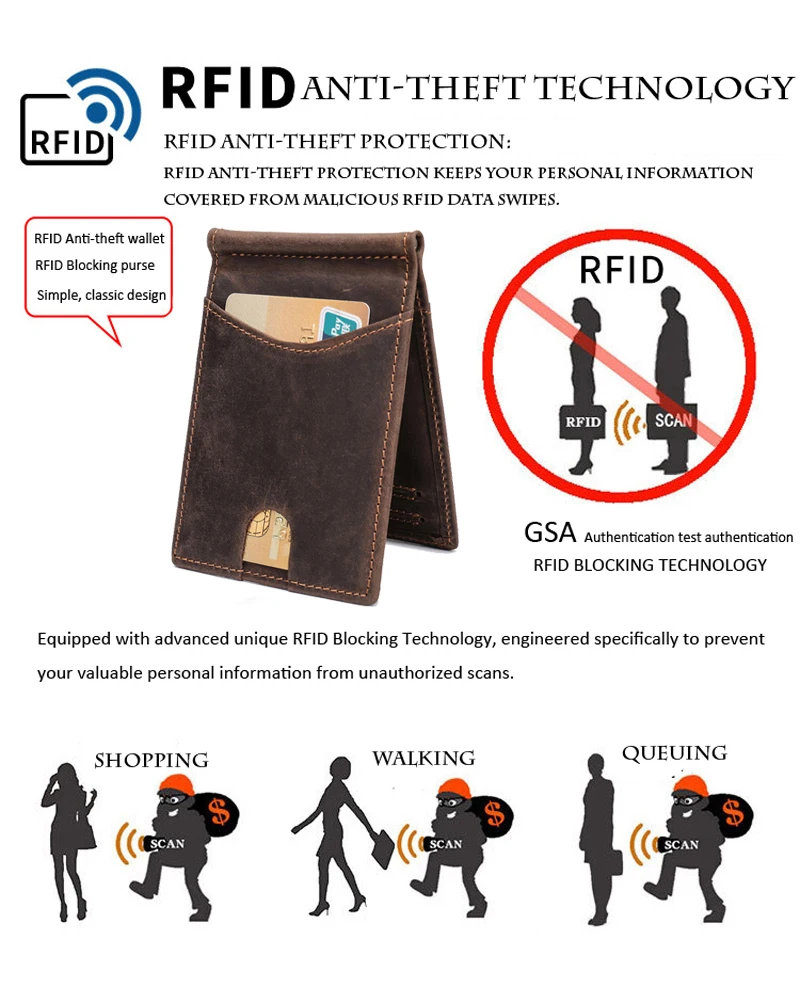 Мужской тонкий кошелек с блокировкой RFID, кошелек из натуральной кожи, минималистичный мужской кошелек с передним карманом, зажим для денег ручной работы