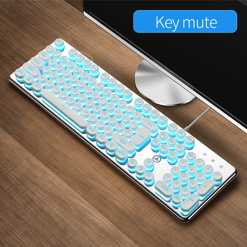 104 Keys Crystal Panel Gaming Wired Keyboard Round Punk USB Pink Typewriter Retro Game Keyboards for Home Office Gamer