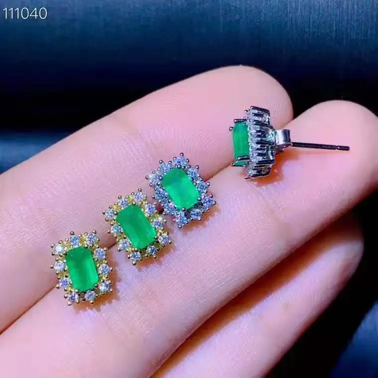 Серьги из серебра 925 пробы с натуральным изумрудом 3 Х5 мм|Серьги-гвоздики| |