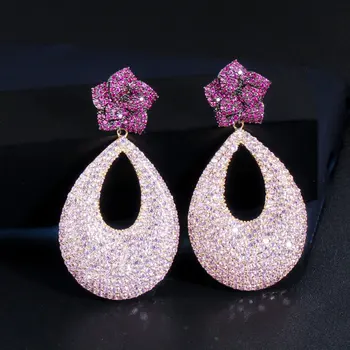 

SINZRY NEW creative luxury jewelry AAA cubic zircon rose flower waterdrop exaggerated women bridal wedding drop earrings