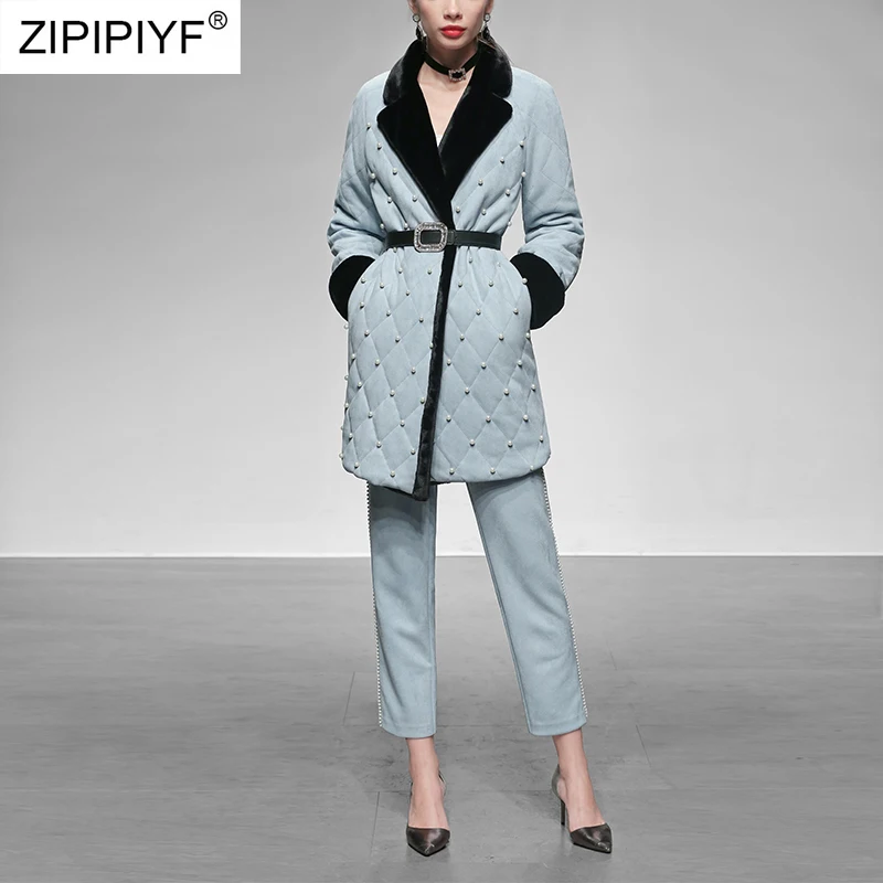 2019 Fashion Women New Winter Buckskin Pant Set Streetwear Turn Down Collar Peals Long Coat &amp Ankle-Length Pencil |