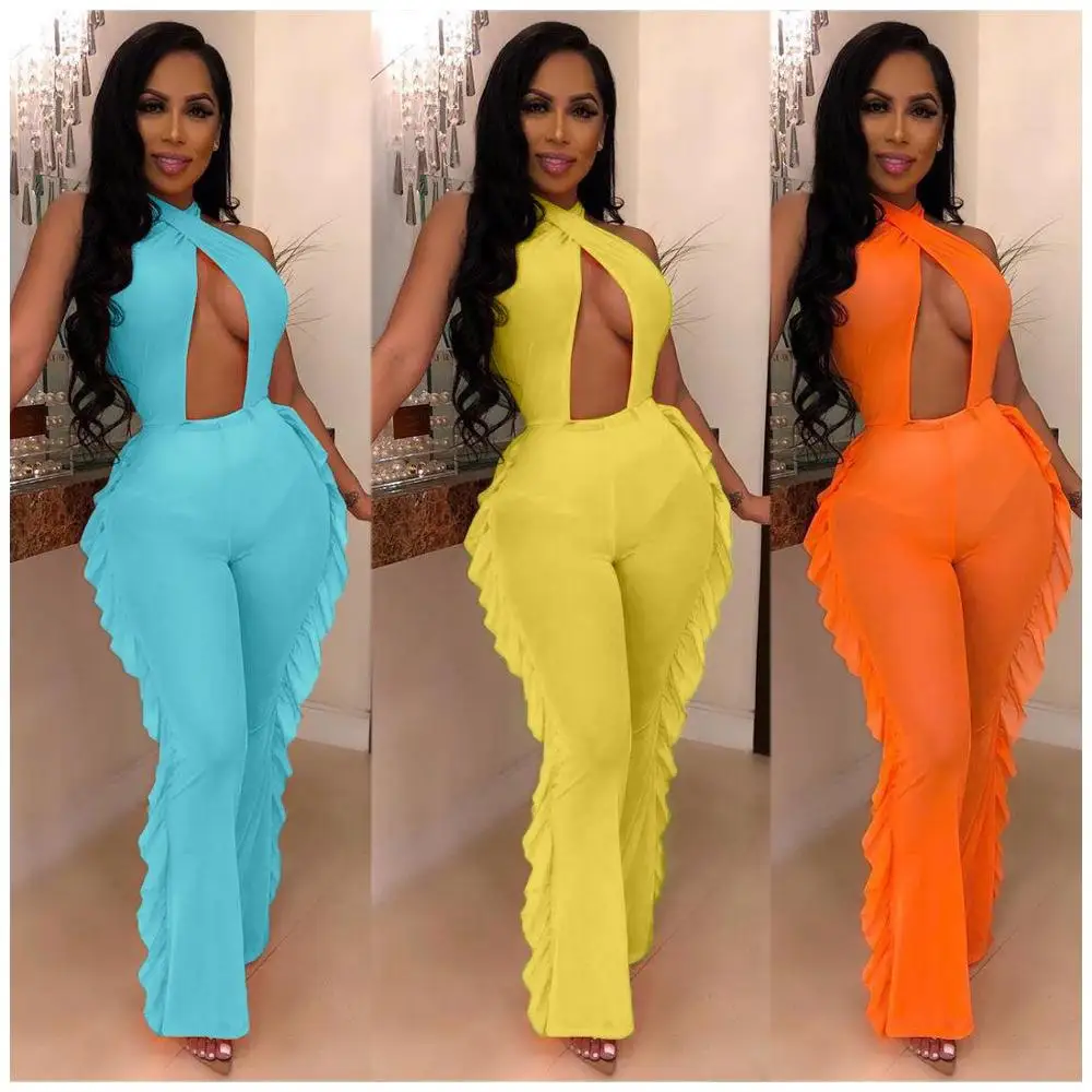 

Sexy Women Jumpsuit Sheer Mesh Summer Beach Clothes Sleeveless Halter With Underpants Women Rompers Clothes dropshipping