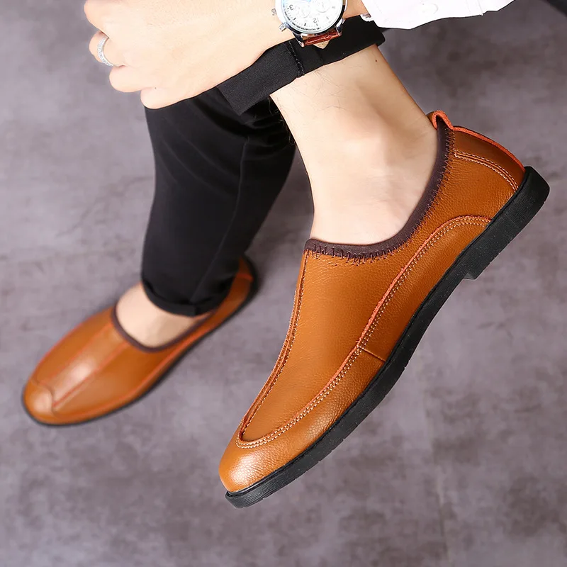 

M- Top layer leather slip-on casual shoes men's wild spring and autumn fashion solid color breathable driving men's shoes
