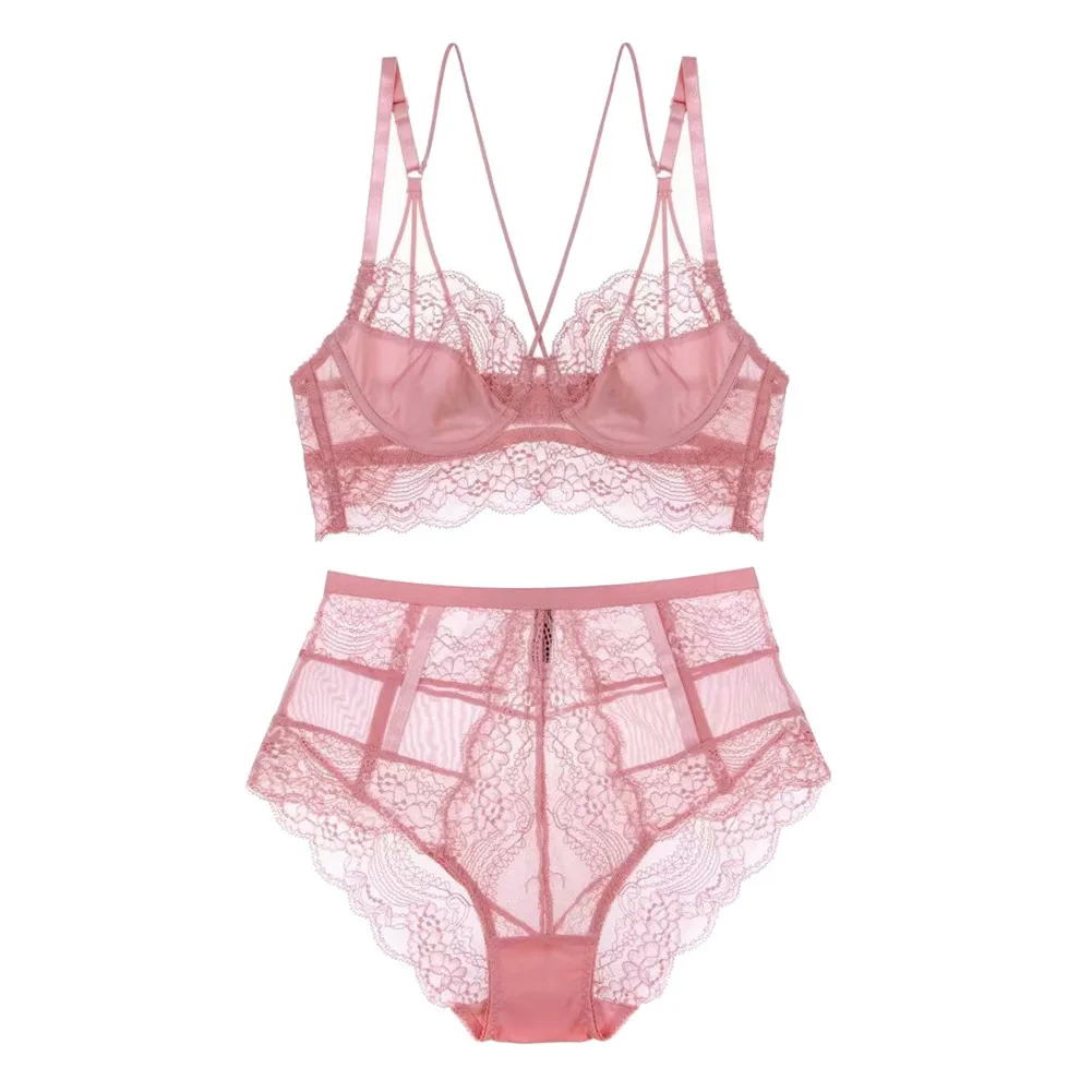 

2020 New European And American High Waist Sexy Ultra-Thin Gather Adjustment Lace Beautiful Back Black Red Pink Bra Set