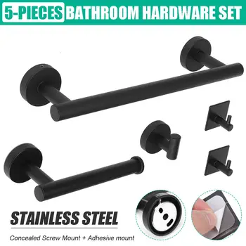 

5pcs Bathroom Hardware Set Black Robe Hook Towel Rail Bar Rack Shelf Tissue Paper Holder Toothbrush Holder Bathroom Accessories