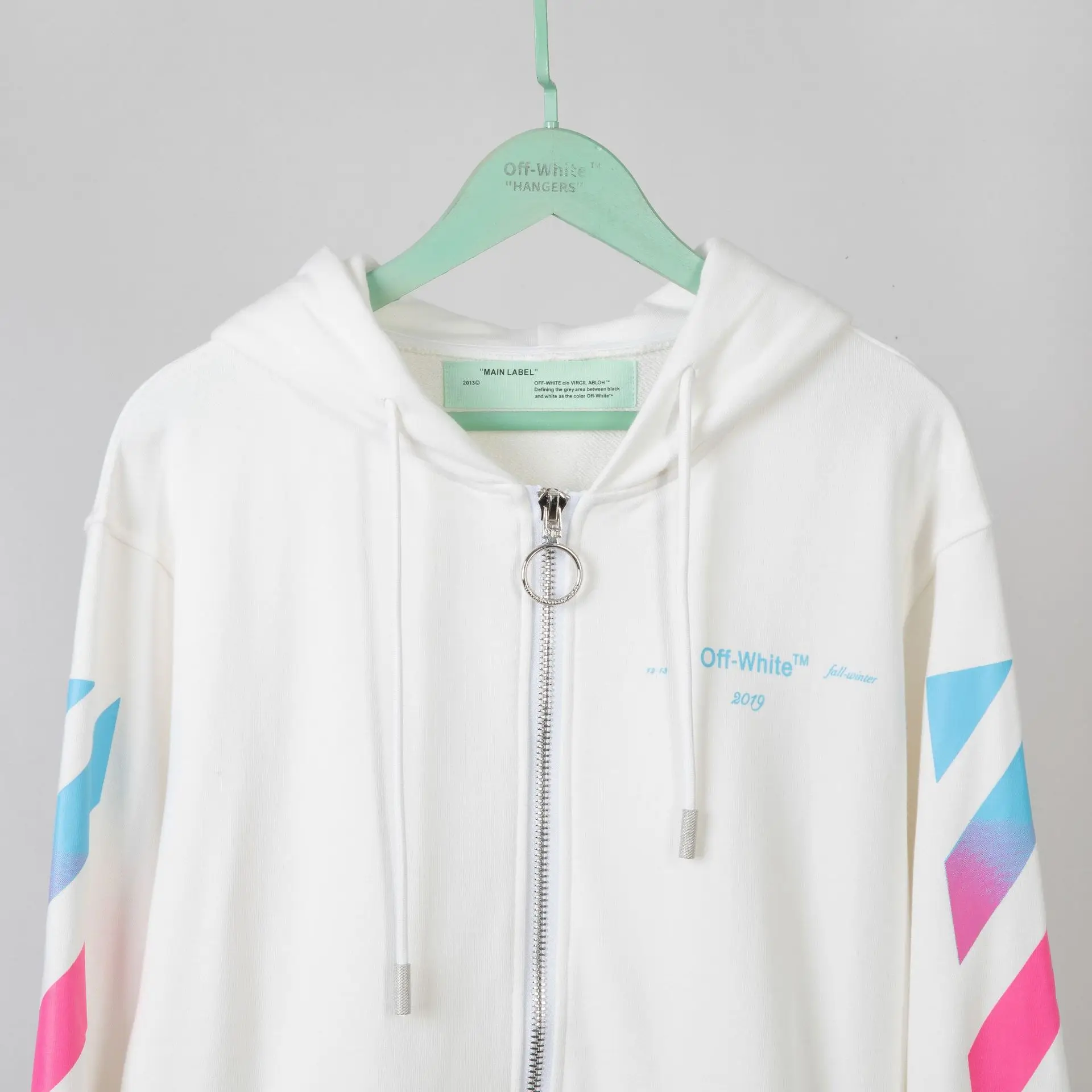 OFF-WHITE W высококачественный осенне-зимний градиентный цветной Мужской свитшот на молнии с капюшоном