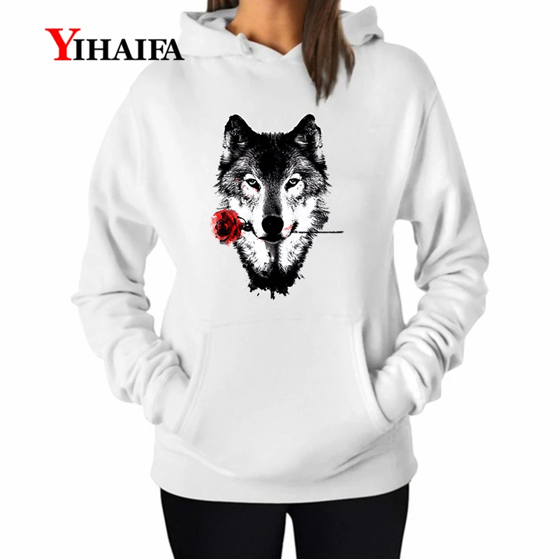 

YIHAIFA gym bluzy New Women Hoodie Printing Rose Wolf Animal itself Streetwear Casual Sweatshirt Pullover Blouse Tops