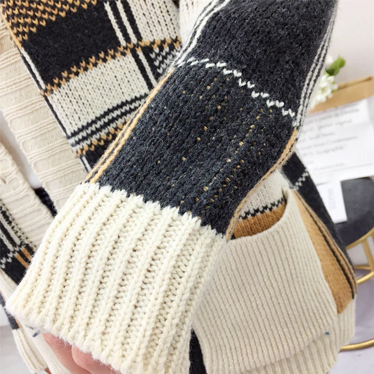 Autumn and Winter New Fashion Plaid Clothing Women Scarf Collar Loose Sweater Cardigan Long Sleeve Knitted Sweater 5206 50