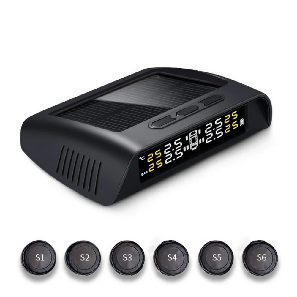 

Car TPMS Solar Power Tire Pressure Monitoring Alarm System Wireless Real-Time LCD Displays 6 Internal Sensor Temperature Warning