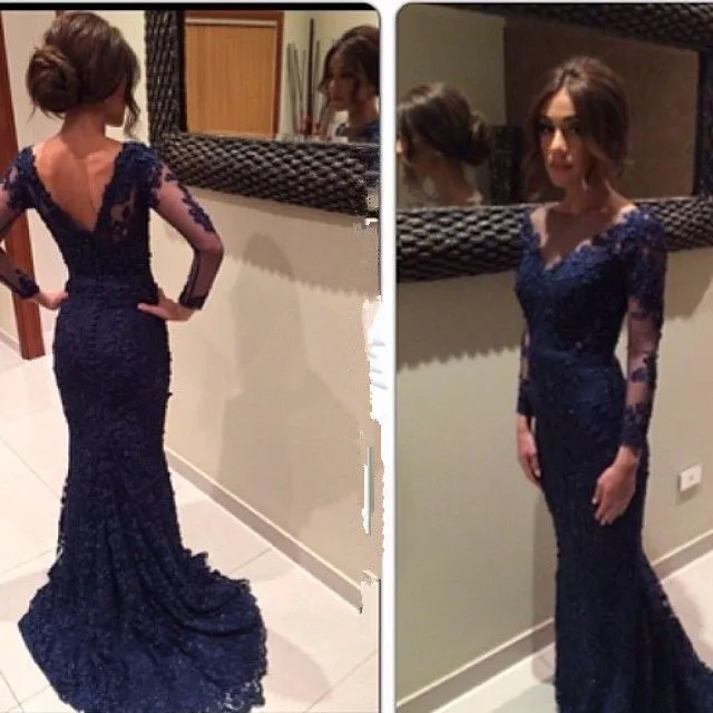 

Custom 2015 High Neck Long Sleeve Navy Blue Mermaid Lace Prom Dresses Elegant Long Evening Dresses Cheap Vestido De Festa FE0519