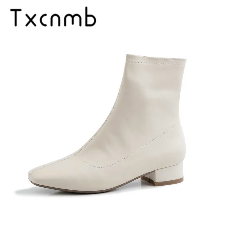 

TXCNMB Spring Autumn Brand Round Toe Med Heels Women Ankle Boots Top Quality Genuine Leather Chelsea Boots Party Shoes
