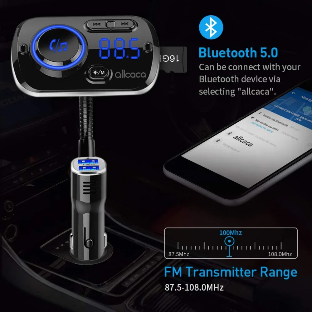 Bluetooth 5,0 автомобильный комплект громкой связи FM передатчик Беспроводной аудио адаптер приемник с QC3.0 зарядки 7-Цвет освещенная контржурным светом 4 режима воспроизведения