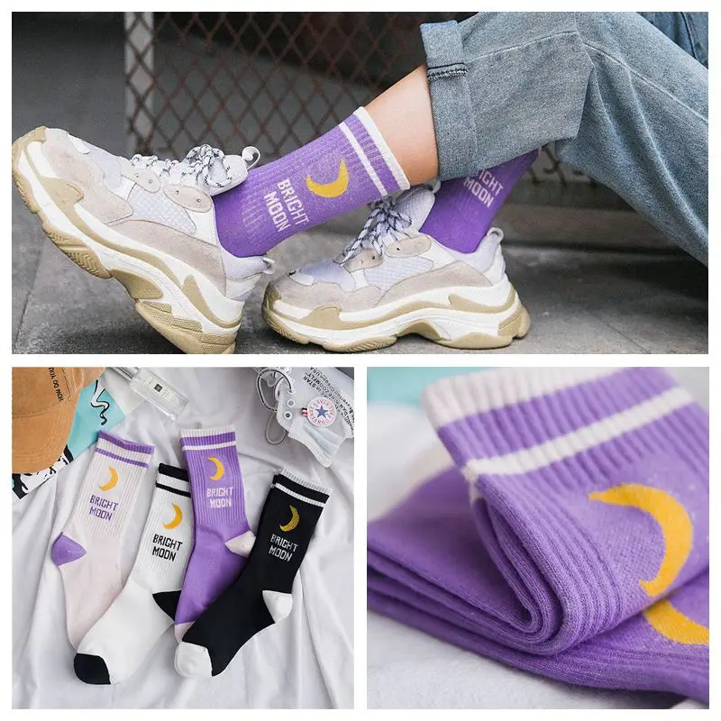 

Men Women Harajuku funny Hip Hop Skateboard Long Socks Bright Moon Letters Stripes Printed Couples Cotton Tube Hosiery Happy sox