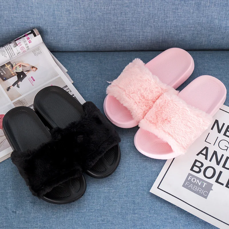 

Online Celebrity Fluffy Shoes WOMEN'S Slippers Indoor Wear Slippers INS Solid Color Versatile Soft-Soled Sandals Anti-slip