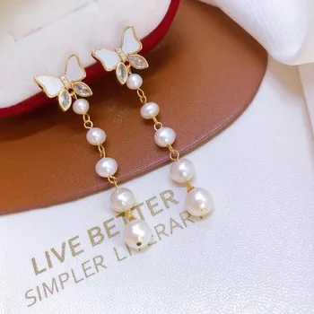 

original design injection French girl feeling tassel earrings three-dimensional butterfly design elegant 3-8 natural pearl