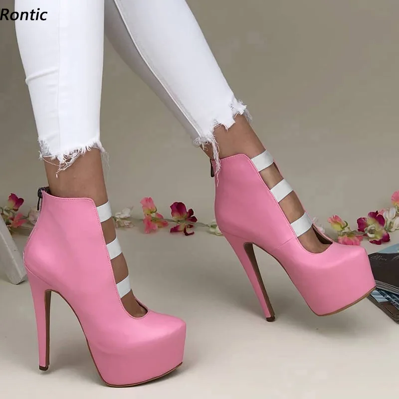 

Rontic Women Spring Platform Ankle Boots Back Zipper Stiletto Heels Round Toe Pretty Fuchsia Red White Party Shoes US Size 5-20