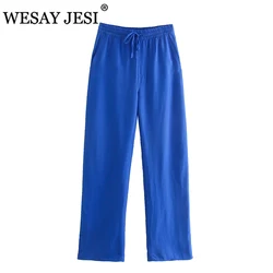 WESAY JESI ZA – pantalon jambes larges avec poches latérales pour femme, vêtement Vintage, taille haute, élastique, décontracté, ample, nouvelle mode 