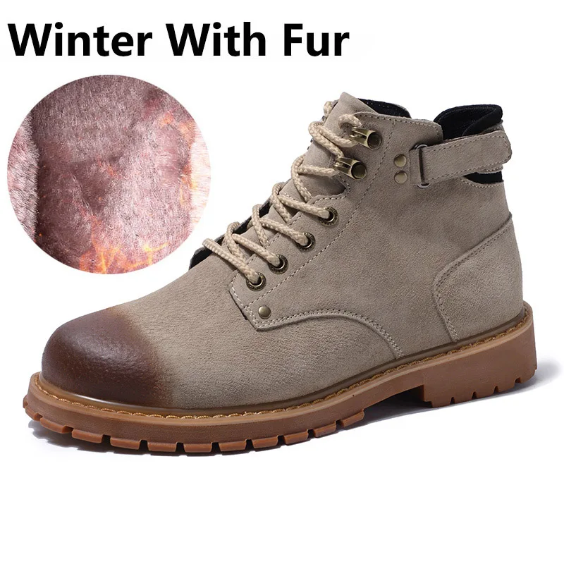 Khaki Fur Мужские Ботинки Зимняя Теплая обувь из коровьей кожи с мехом модные мужские кроссовки Резиновые ботильоны Мужская Рабочая обувь Zapatos De Hombre 38-46 - Цвет: Khaki Fur