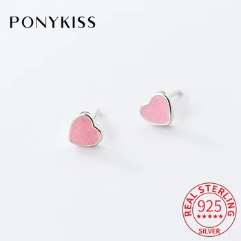 

PONYKISS Trendy 100% S925 Sterling Silver Cute Pink Heart Stud Earrings Women Party Jewelry Accessory Romantic Chic Gift