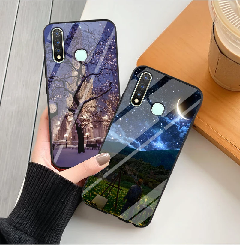 ДЛЯ VIVO Y19 чехол Y11 PC Пластиковый стеклянный чехол для телефона черный ТПУ бампер чехол для VIVO Y11 Y5S U3 VIVOY19 Y19 задняя крышка Y 19