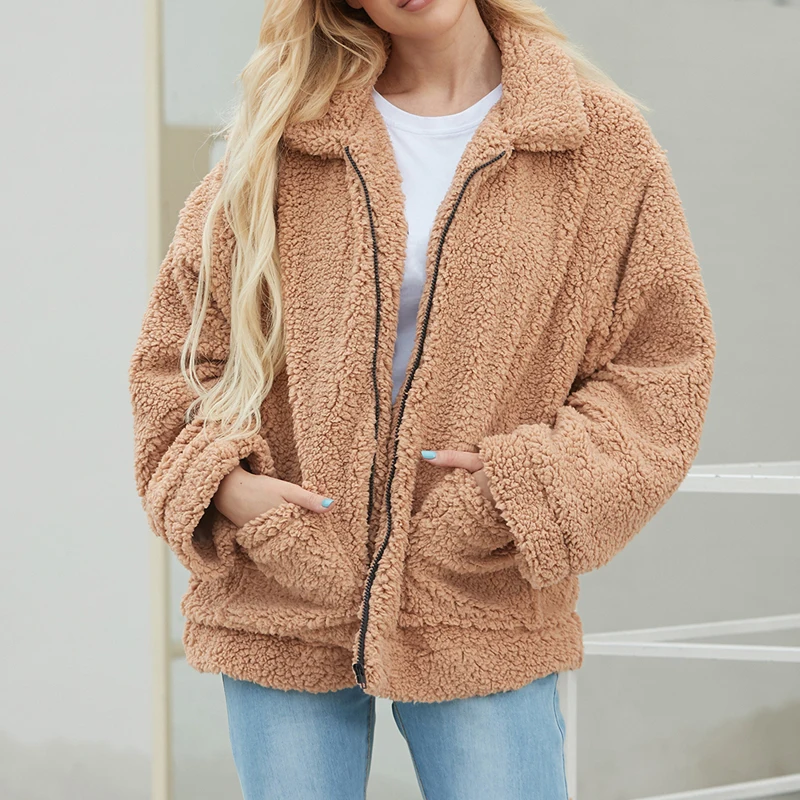 MoneRffi Women Thick Warm Fur Jacket Autumn Winter Zipper Lambswool Coat Turn-down Collar Pocket Casual Outerwear Camel Overcoat