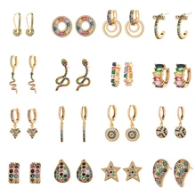 Новинка, стильные радужные циркониевые серьги-гвоздики, ювелирное изделие для женщин, Очаровательные Круглые геометрические золотые серьги, CZ змейка, серьги-гвоздики, рождественский подарок