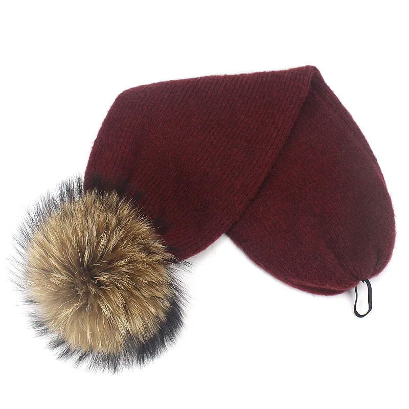B Зимний шейный шарф Skullies Beanies, шапка двойного назначения с натуральным меховым помпоном для женщин, вязаный толстый теплый Модный повседневный шарф Beanies - Цвет: B