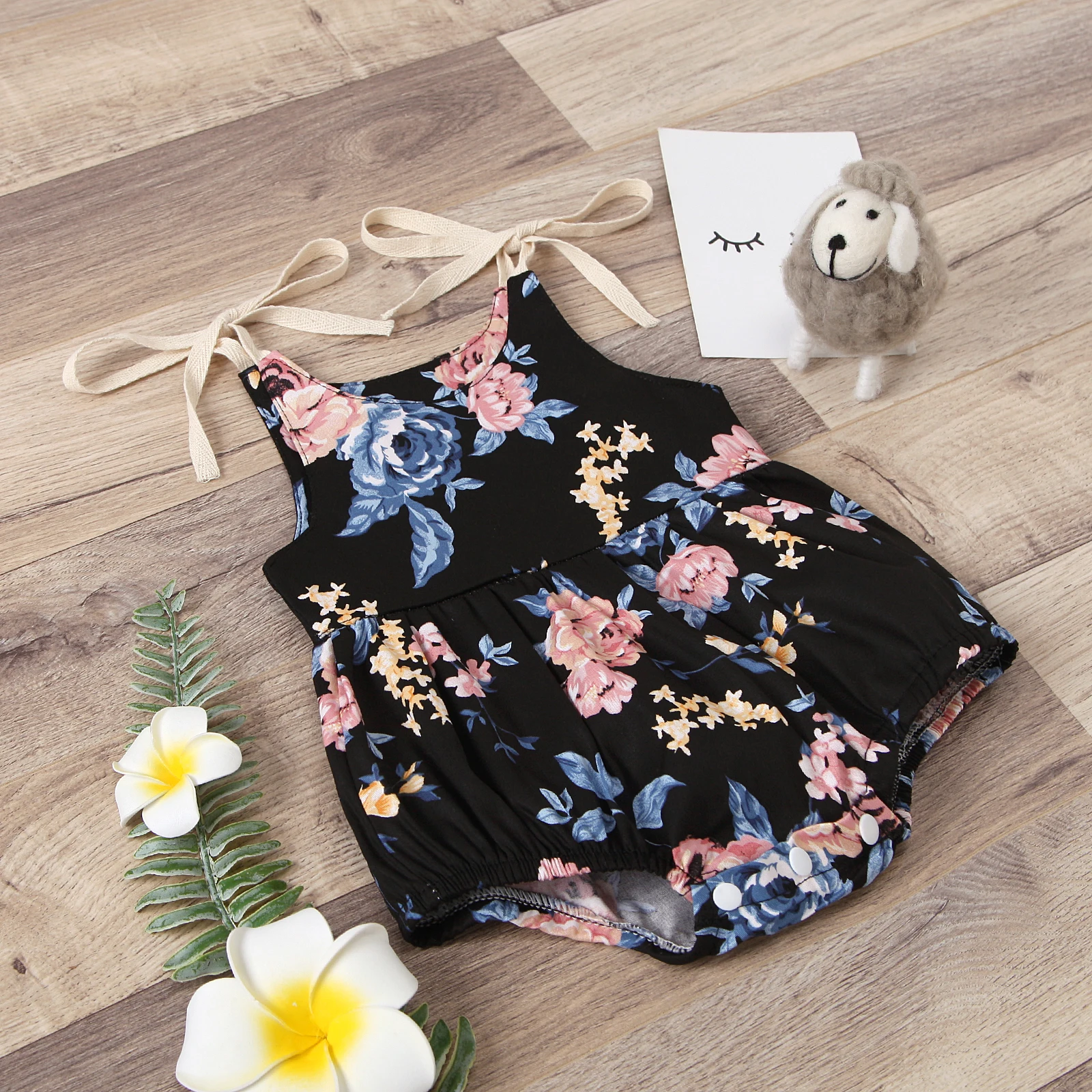 

Baby & children's clothes Baby Girl’s Casual Suspender Jumpsuits Fashion Flower Print Round Neck Bow Lace-Up Triangle Romper