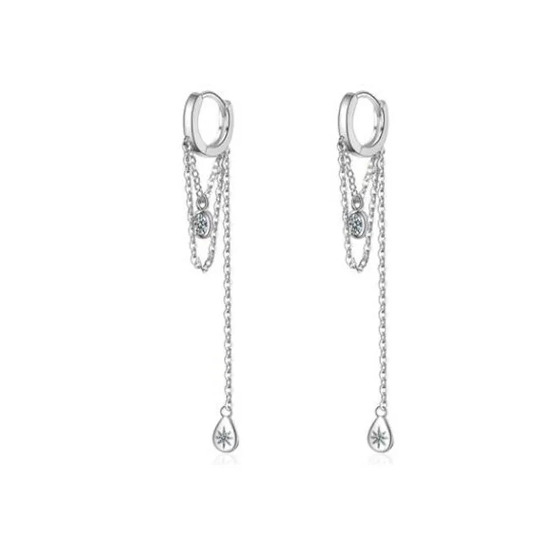 

NEW Zircon Double layer Tassel Silver Chain Crystal Dangle Earrings Women Girls White Filled Long Silver Drop Edgy Earrings