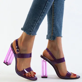

Transparent Sandals Women Clear Heels Sandal Luxury Block Heels Shoes Purple Female Stripper Heel Shoe Pointed Toe Club Sandalia