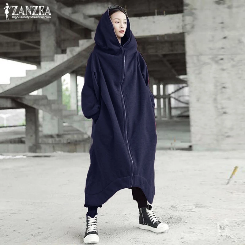 Зимний женский с капюшоном пальто куртки ZANZEA женский длинный рукав на молнии Длинные куртки негабаритные парки, верхняя одежда ветровки S-5XL - Цвет: Королевский синий