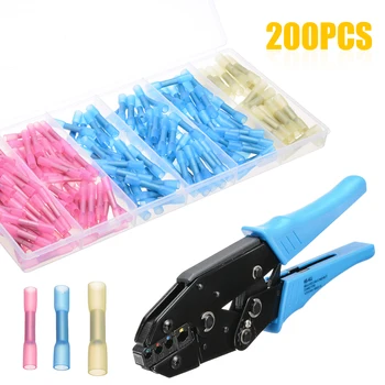 

200pcs/set Waterproof Soldering Heat Shrink Connector Butt Cable Connector Heat Shrink Terminals + Durable Crimping Plier