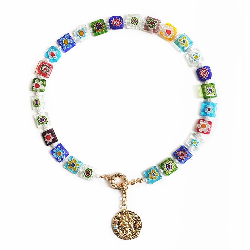 

Boho Millefiori Crystal Beads Necklace For Women Gold-color Coin Pendant Choker 2022 Winter New Accessories Christmas Gifts