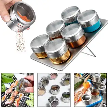 

Magnetic Spice Jars With Wall Mounted Rack Stainless Steel Spice Tins Spice Seasoning Containers 7pcs/set