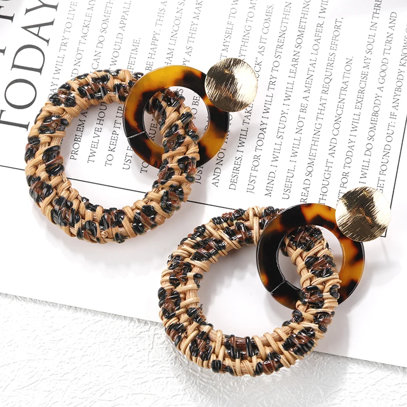 Lifefontier Bohemia Handmade Wooden Drop Earrings Straw Weave Rattan Vine Braid Round Shell Flower Earrings Geometric Jewelry