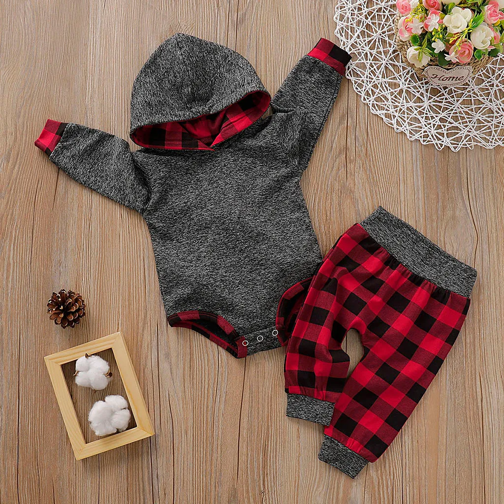 

Kids Winter Clothes Unisex Plaid Hooded Pullover Romper Bodysuit Pants Outfits Kids Boys Clothes Cotton Full Sleeve Gray 2019