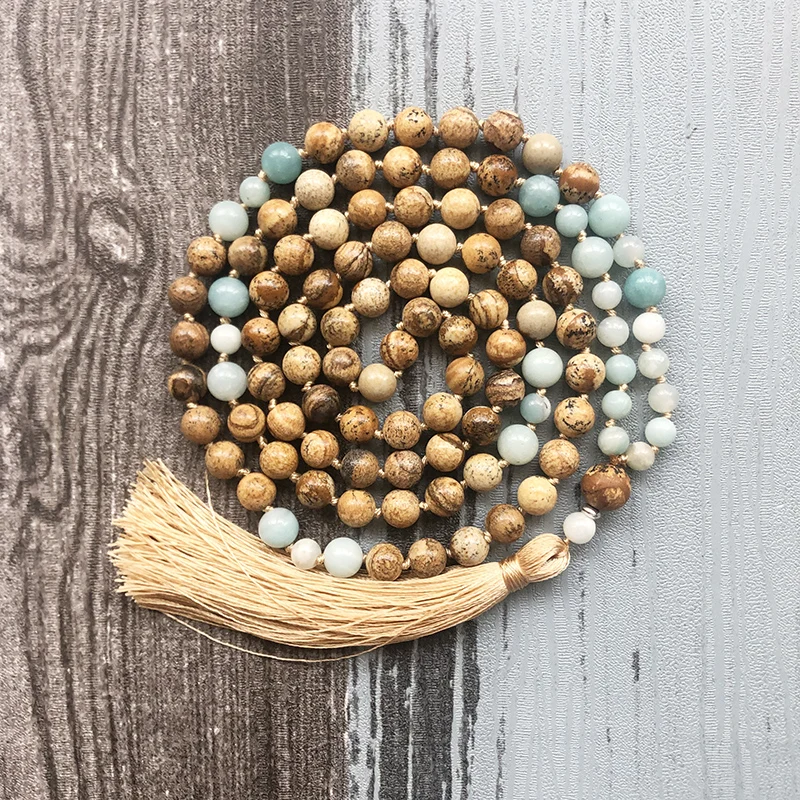 

Amazonite & Picture J-asper 108 Mala Beads Necklace For Stress Relief Hand Knotted Mala Necklace With Silk Tassel