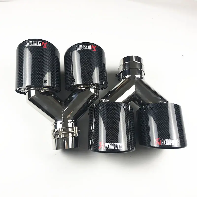

1 Pair Curly Edge Glossy Black Exhaust tips Carbon fiber Y Model Exhaust Dual Pipes With Akrapovic LOGO