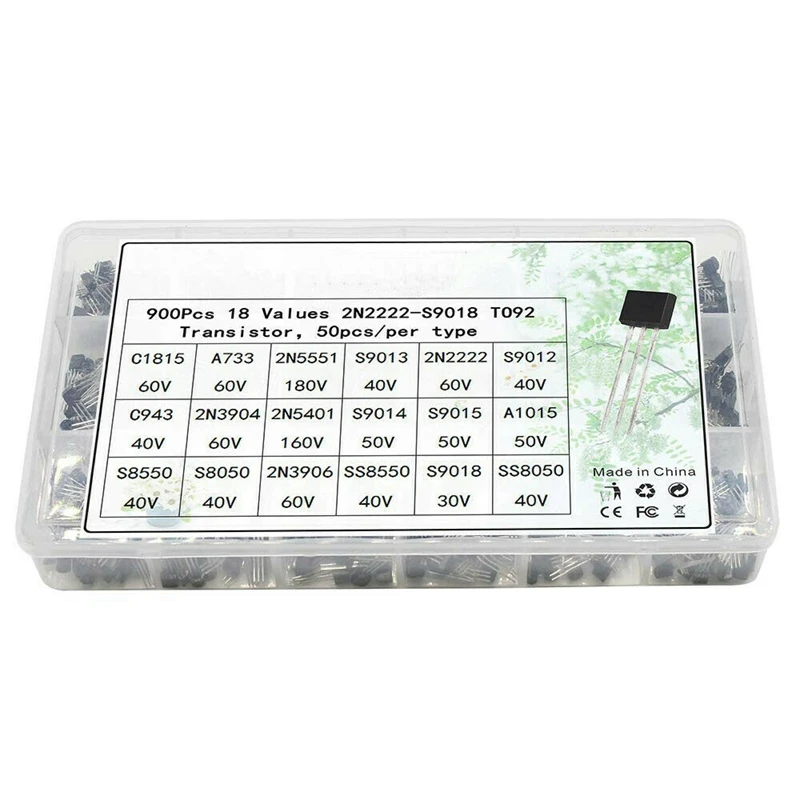 18Values 900Pcs TO 92 Transistor Assortment Kit A1015 2N2222 C1815 S8050 2N3904 2N3906 S9012 NPN PNP Transistors Set