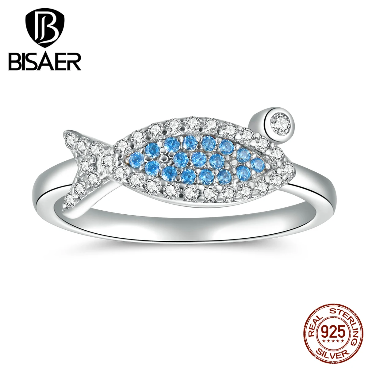 

BISAER2 020 New Finger Rings 925 Sterling Silver Fish Shape Women Female Rings Blue Cubic Zircon Rings for Women Jewelry HVR106