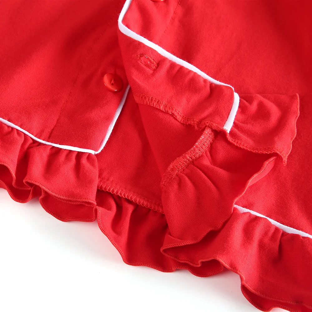 Рождественская Классическая Детская одежда мягкие хлопковые однотонные милые красные пижамы зимние с рюшами для маленьких девочек изысканные пижамы с длинными рукавами